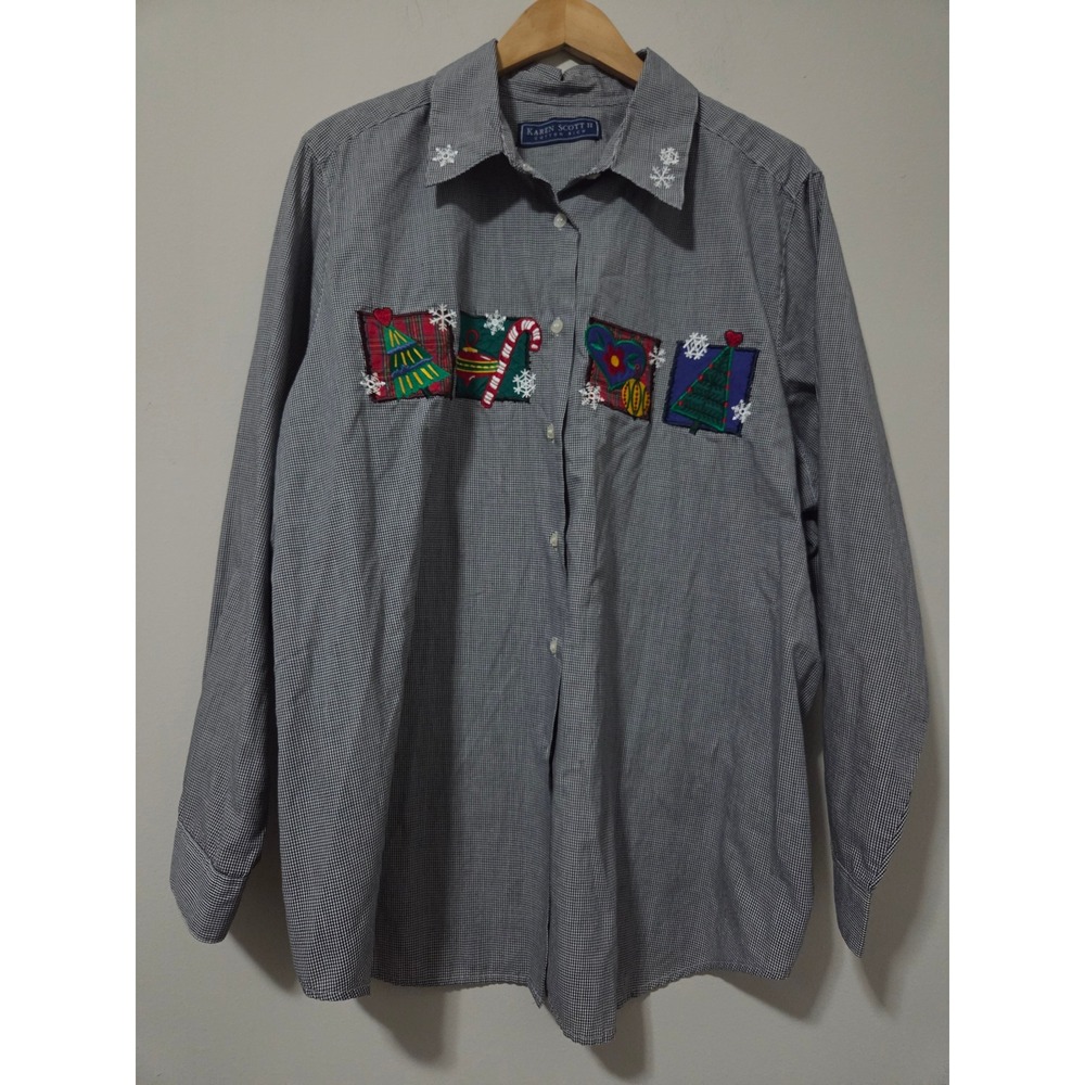 Karen Scott II Womens 2X Christmas Button Down Shirt Gingham Holiday Embroidered